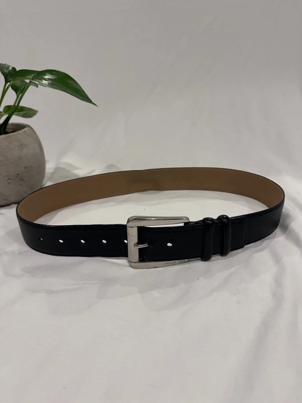 Michael Kors Black Leather Belt with Silver-Tone Buckle Genuine Leather Size S
